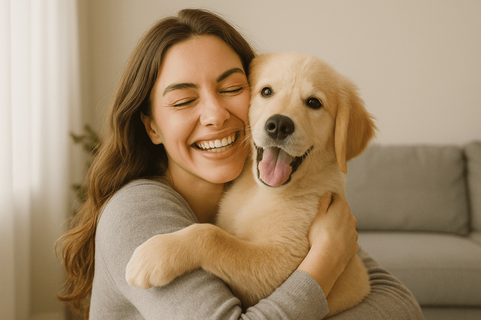 A happy puppy and a woman.